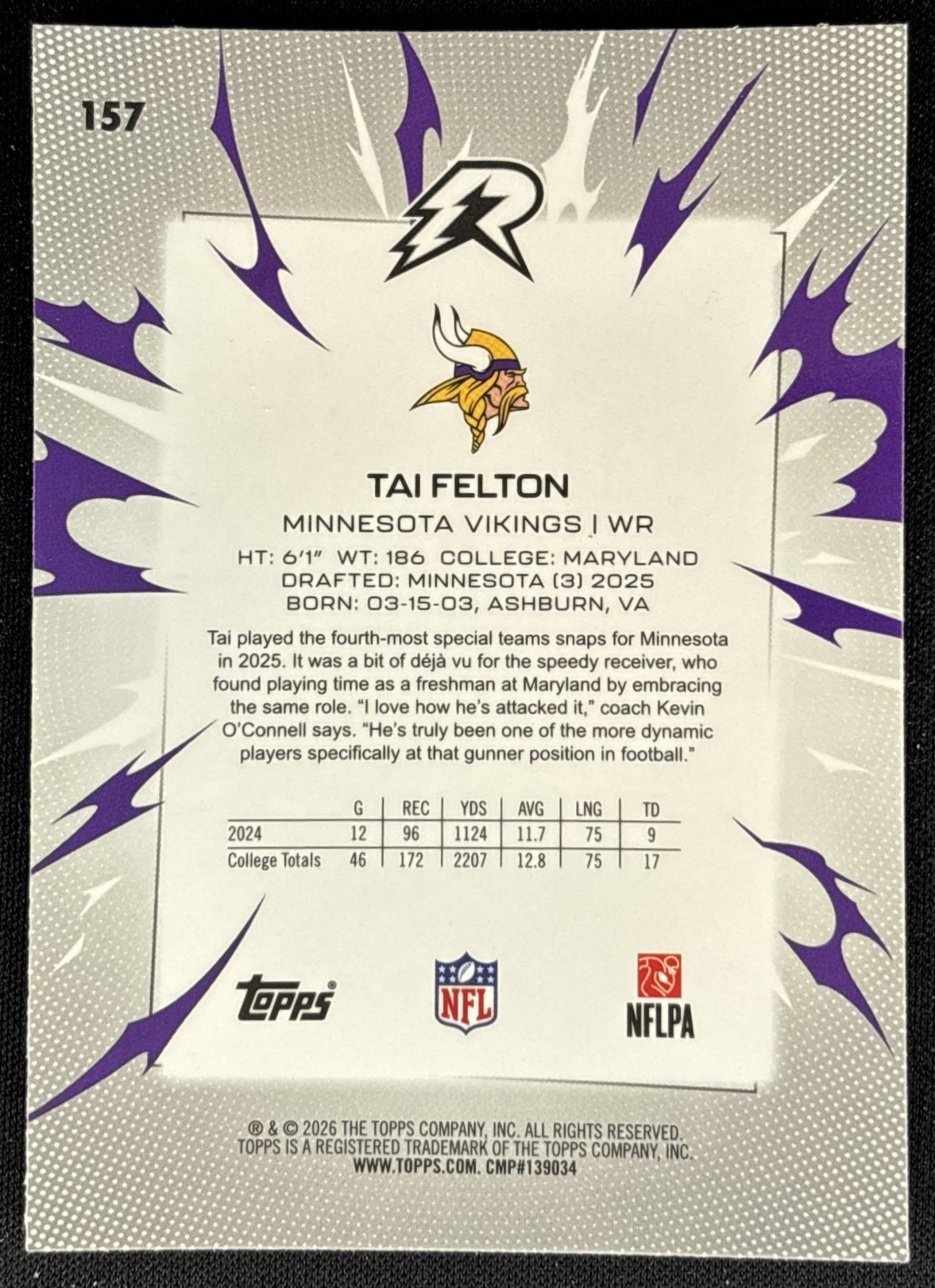 Tai Felton 2025 Topps Resurgence Prism Refractor Vikings back