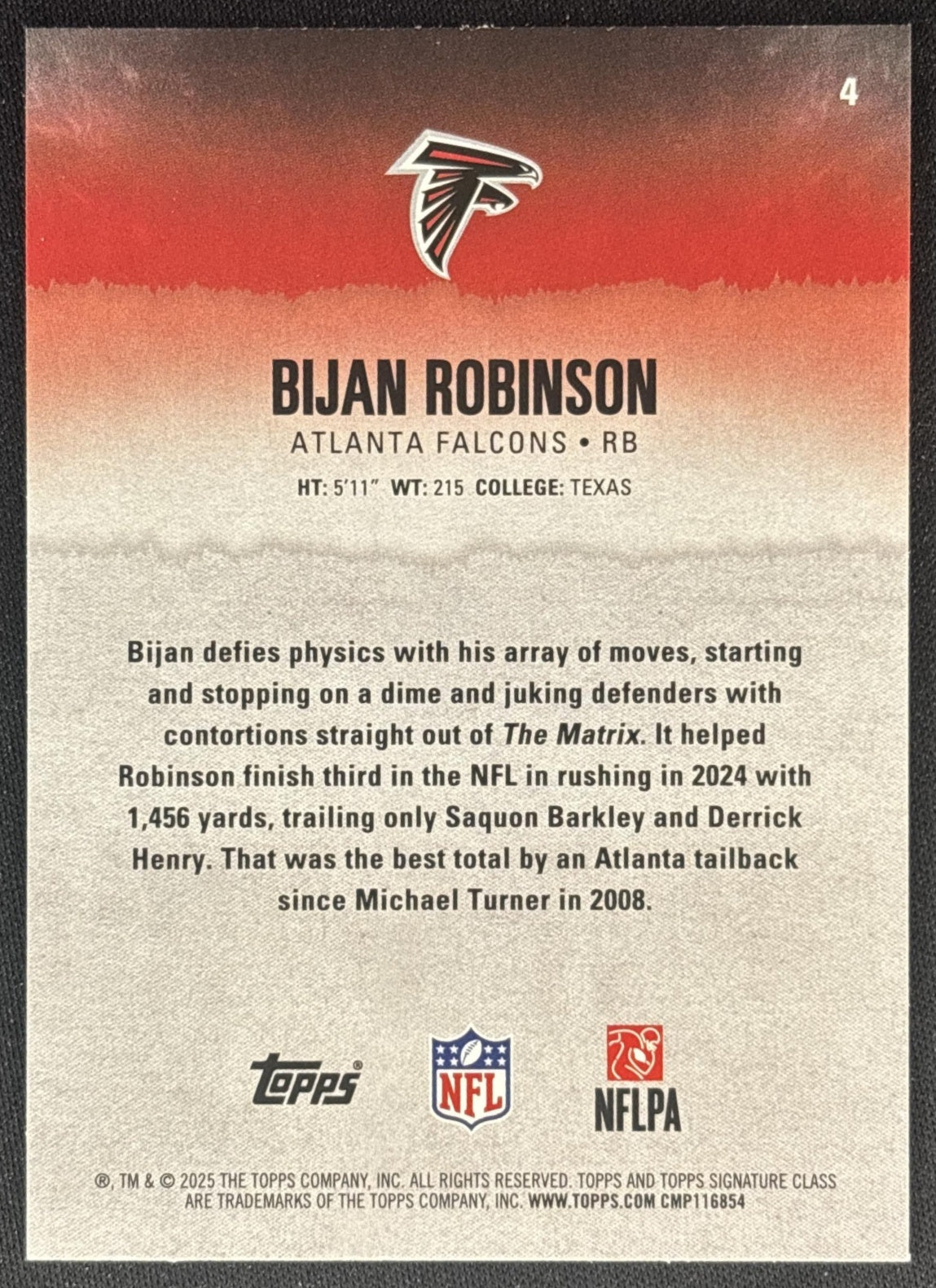 Bijan Robinson 2025 Topps Signature Class Veteran Green & Purple Foil Falcons back
