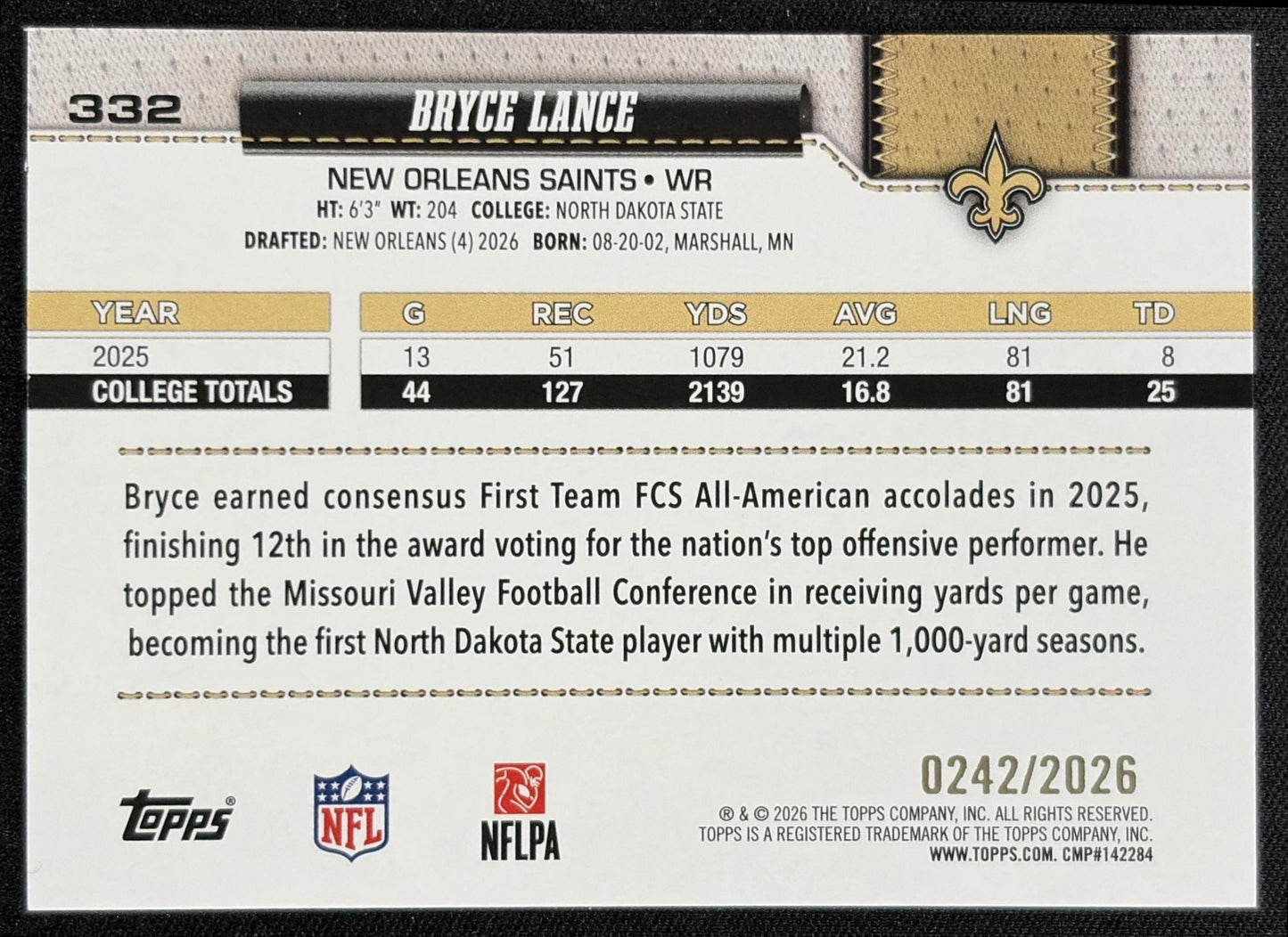 Bryce Lance 2026 Topps Gold /2026 Saints - back