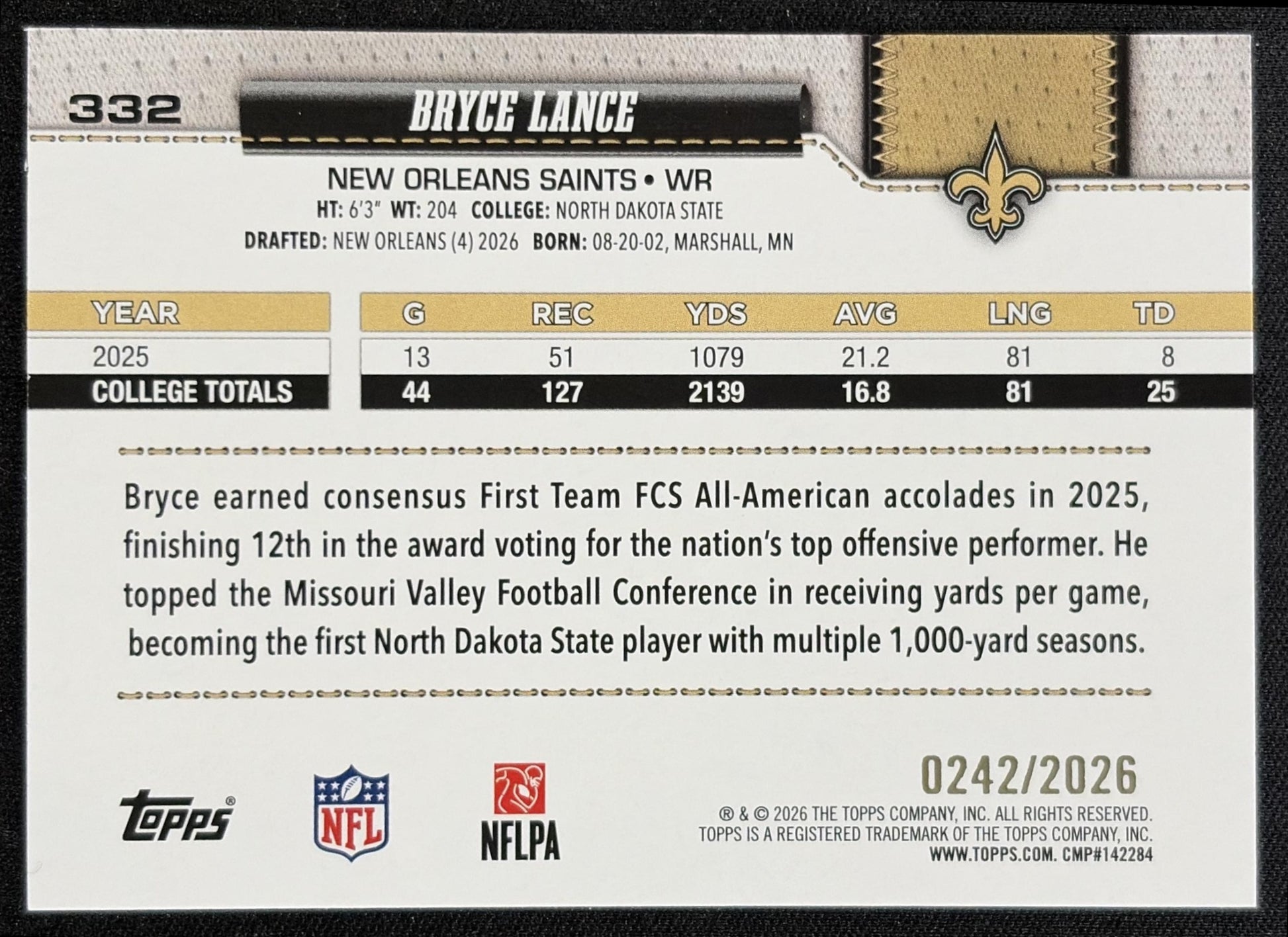 Bryce Lance 2026 Topps Gold /2026 Saints - back