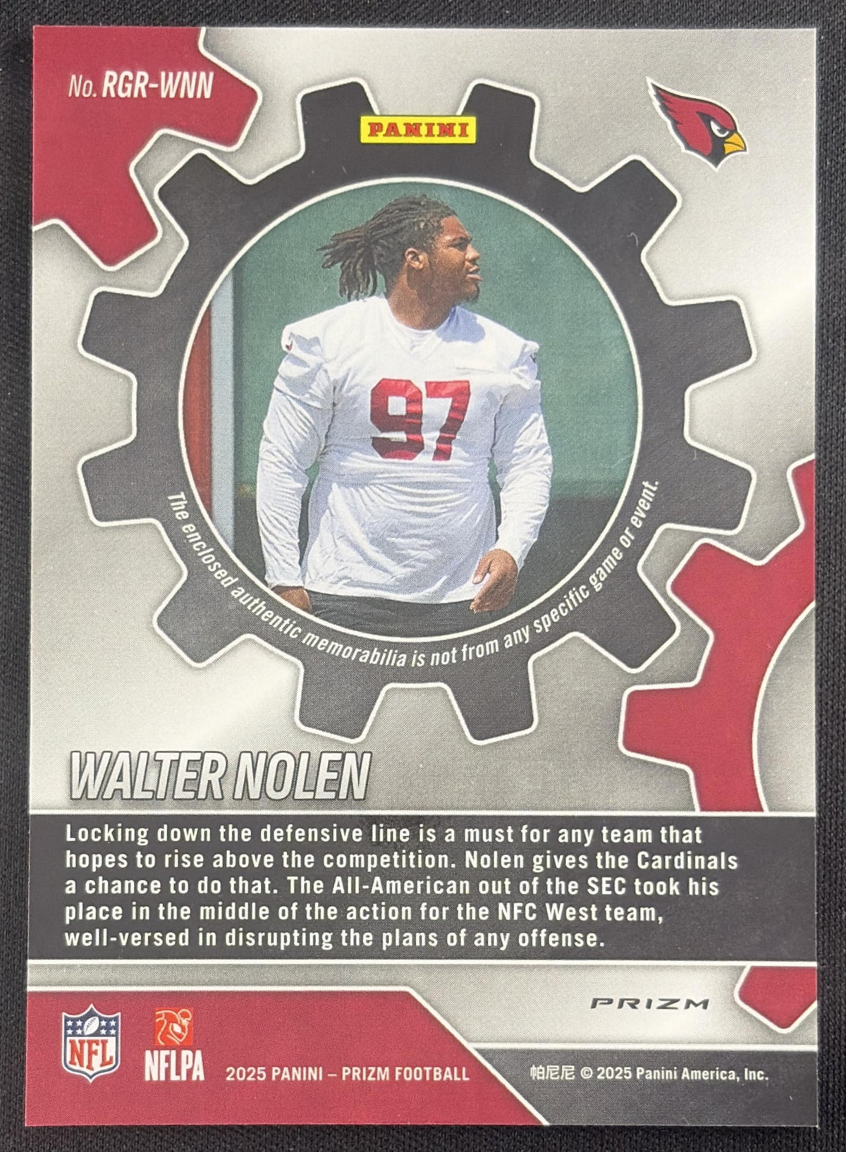 Walter Nolen 2025 Panini Prizm Rookie Gear Neon Green Pulsar Cardinals