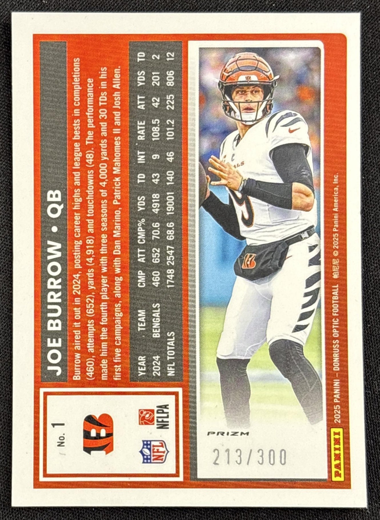 Joe Burrow 2025 Panini Donruss Optic Wave Prizm /300 Bengals - back