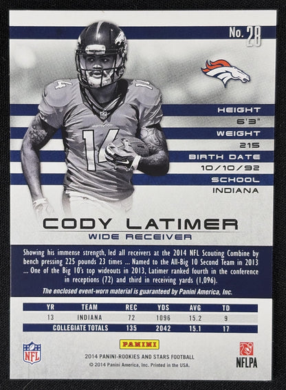 Cody Latimer 2014 Panini Rookies & Stars Rookie Materials Broncos - back