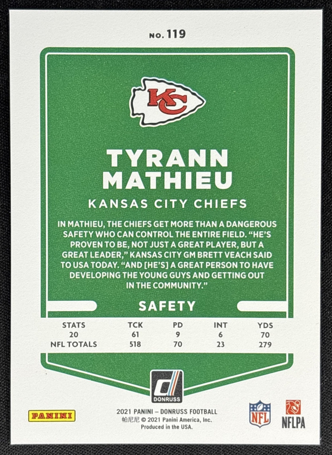 Tyrann Mathieu 2021 Panini Donruss Press Proof Premium Chiefs