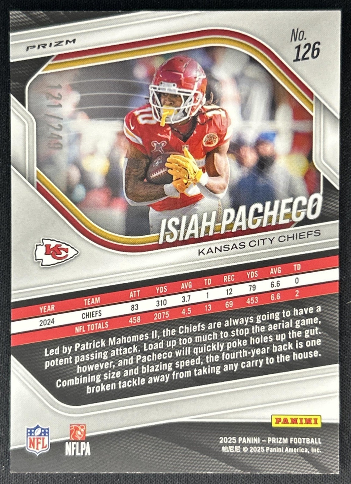 Isiah Pacheco 2025 Panini Prizm Orange /249 Chiefs back