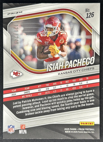 Isiah Pacheco 2025 Panini Prizm Orange /249 Chiefs back