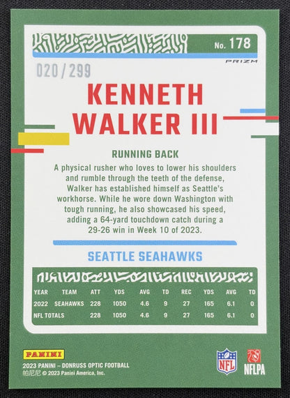 Kenneth Walker III 2023 Panini Donruss Optic Aqua Prizm /299 Seahawks back