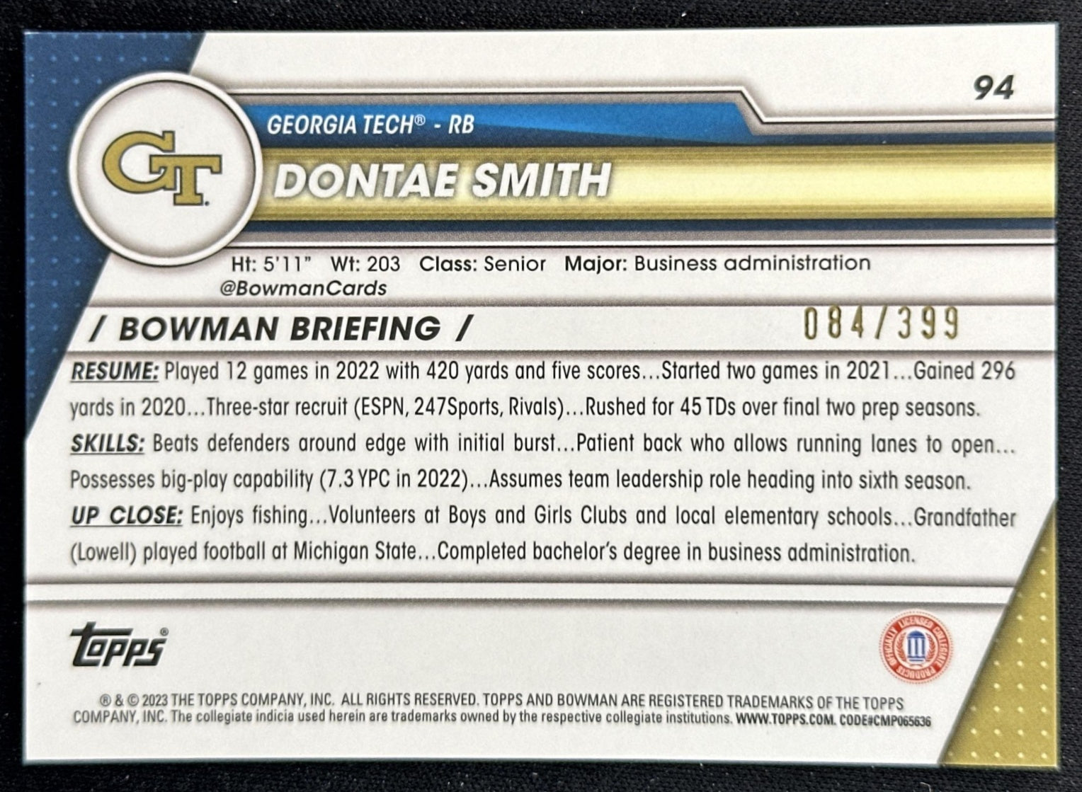Dontae Smith 2023 University Chrome Purple Mini Diamond Refractor /399 Yellow Jackets back