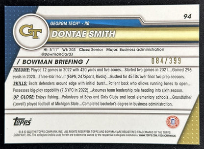 Dontae Smith 2023 University Chrome Purple Mini Diamond Refractor /399 Yellow Jackets back