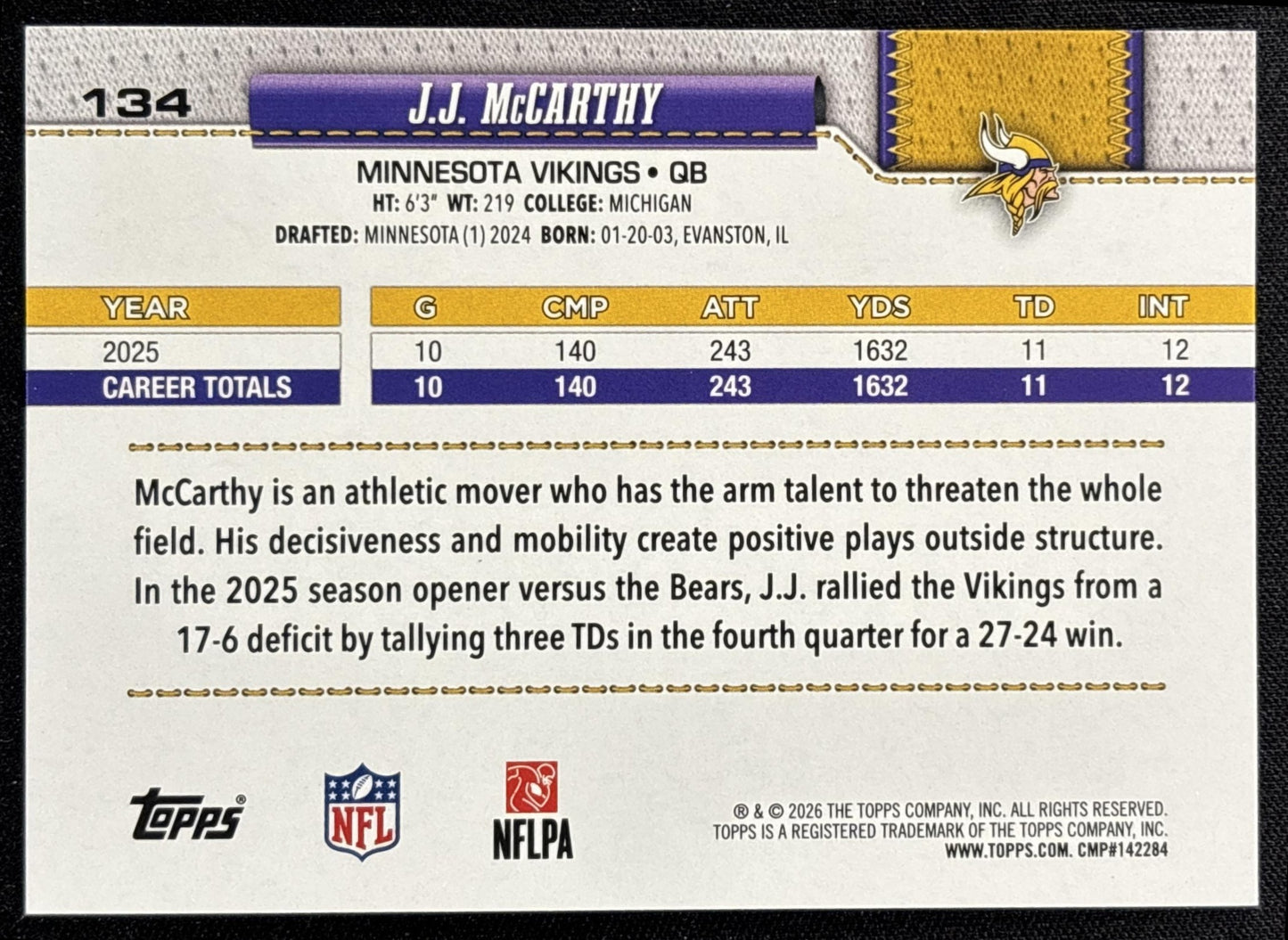 J.J. McCarthy 2026 Topps Football Leather Foil Vikings