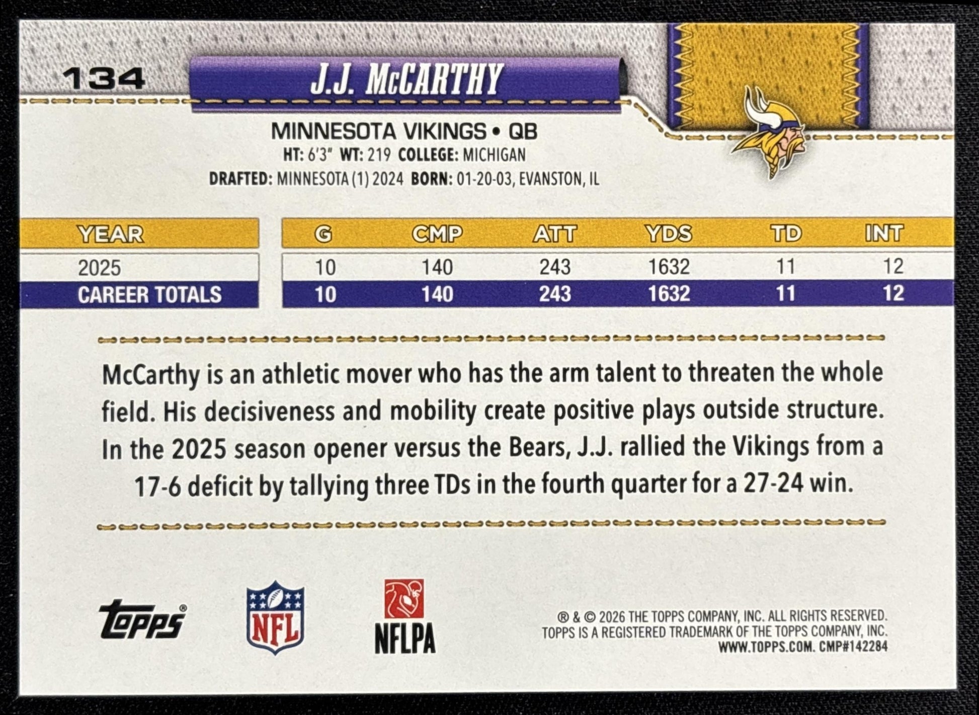 J.J. McCarthy 2026 Topps Football Leather Foil Vikings