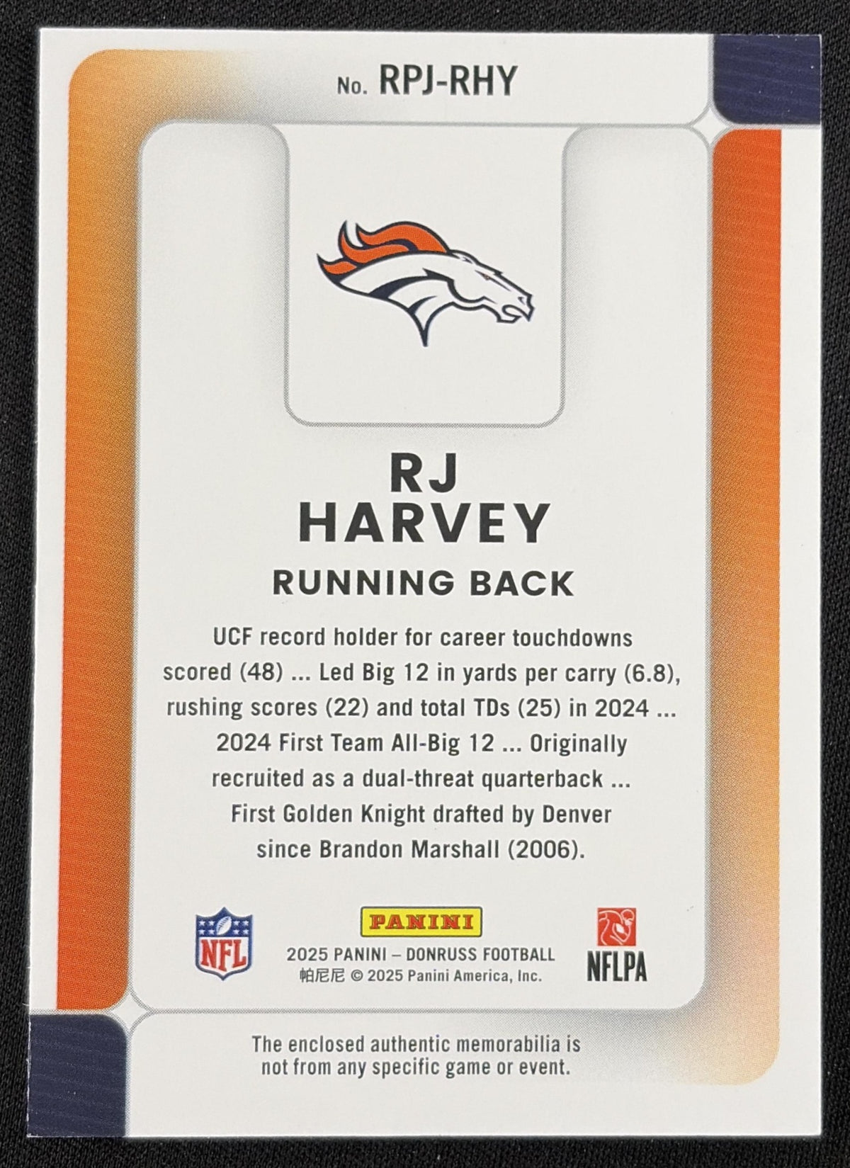 RJ Harvey 2025 Panini Donruss Rookie Phenom Jerseys Broncos - Back