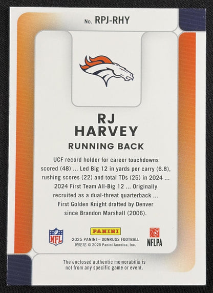RJ Harvey 2025 Panini Donruss Rookie Phenom Jerseys Broncos - Back