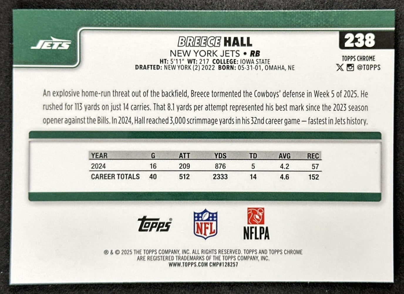 Breece Hall 2025 Topps Chrome Sapphire Jets back