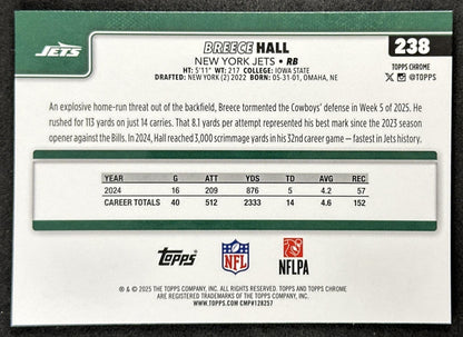 Breece Hall 2025 Topps Chrome Sapphire Jets back