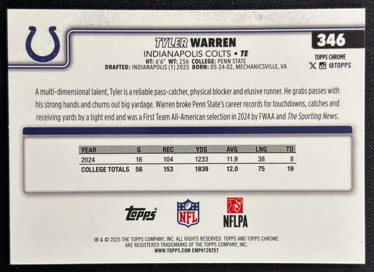 Tyler Warren 2025 Topps Chrome Rookie Colts Sports Trading Cards