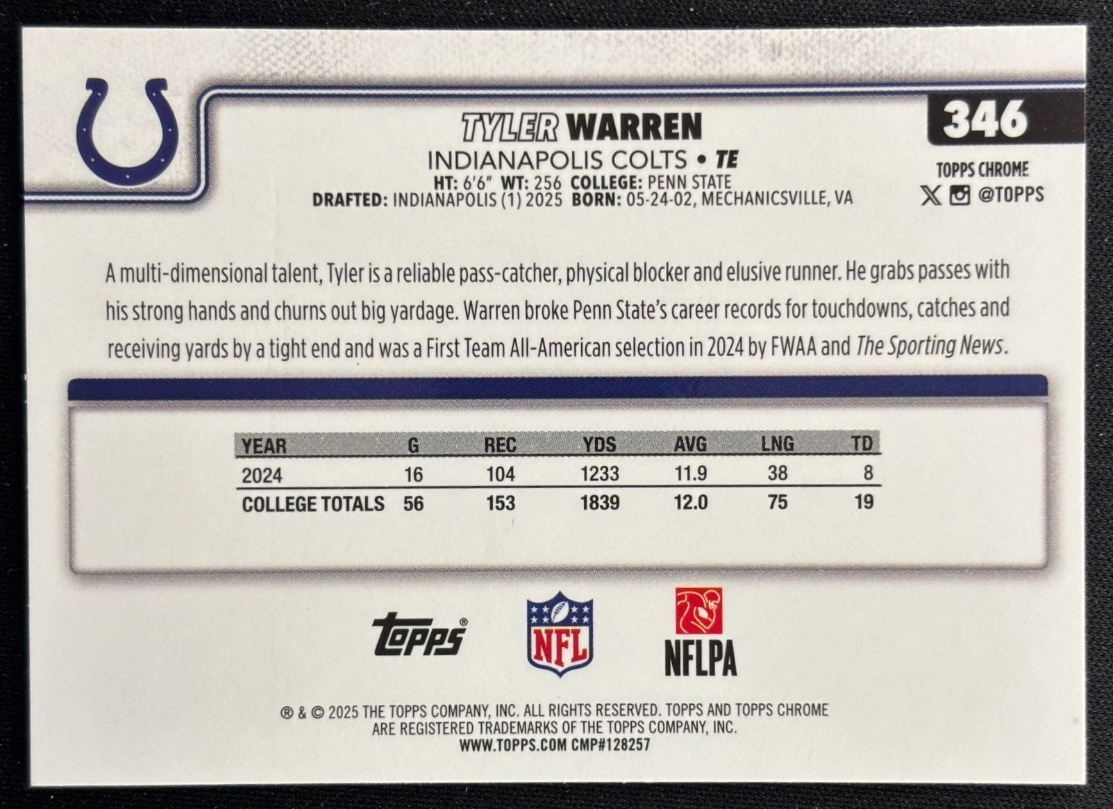 Tyler Warren 2025 Topps Chrome Rookie Colts Sports Trading Cards
