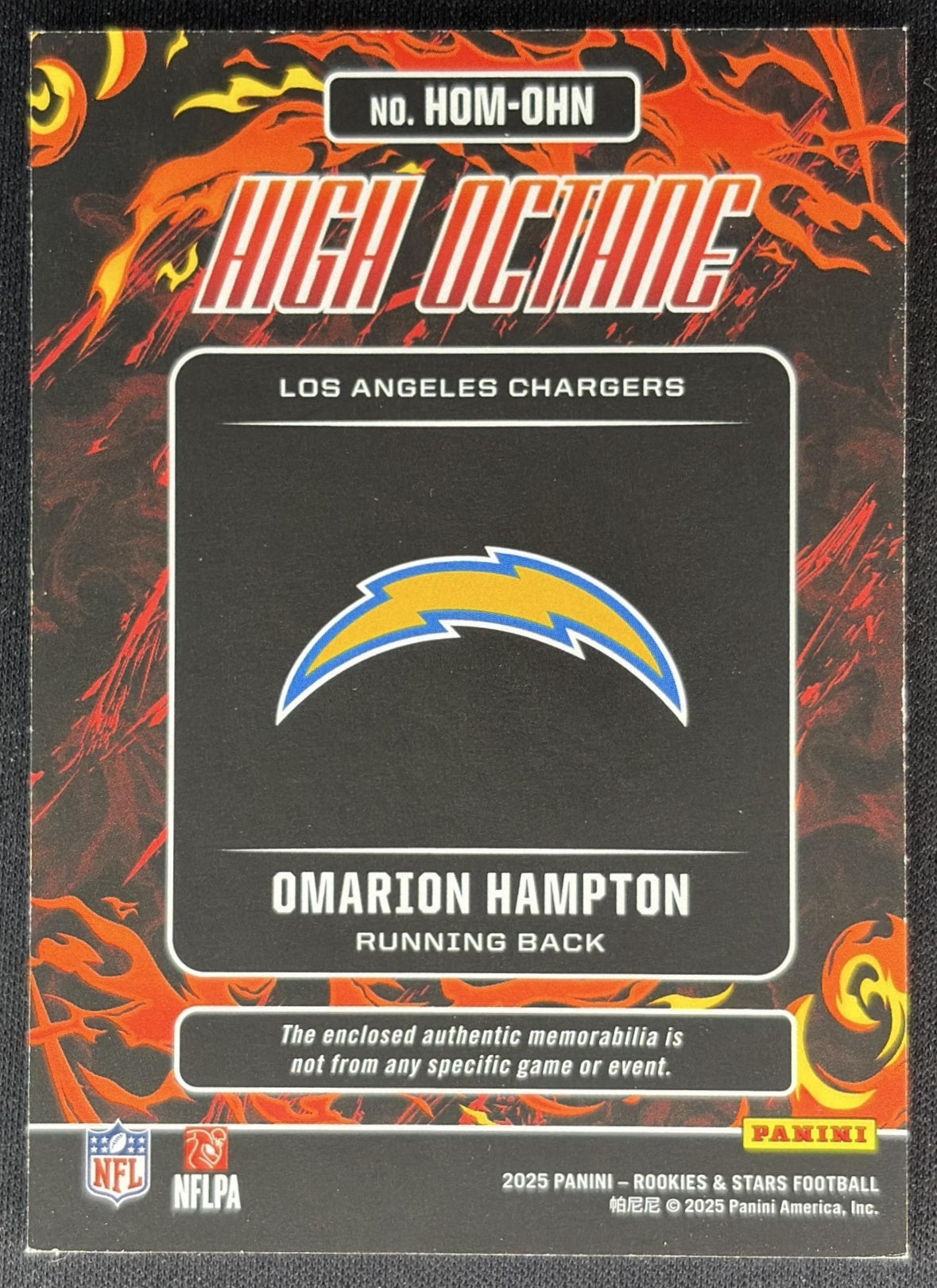 Omarion Hampton 2025 Panini Rookies & Stars High Octane Memorabilia Chargers Back