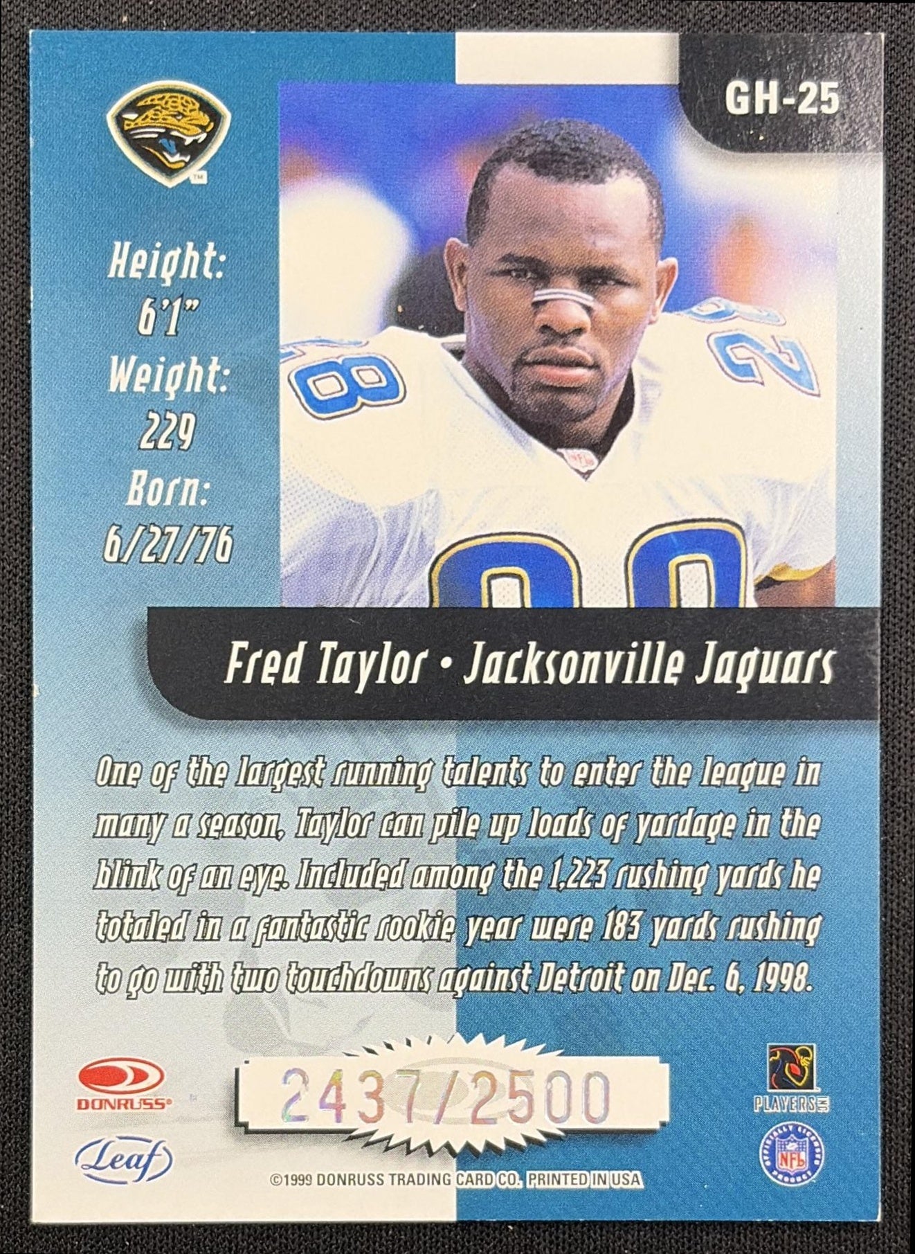Fred Taylor 1999 Leaf Rookies & Stars Greatest Hits /2500 Jaguars