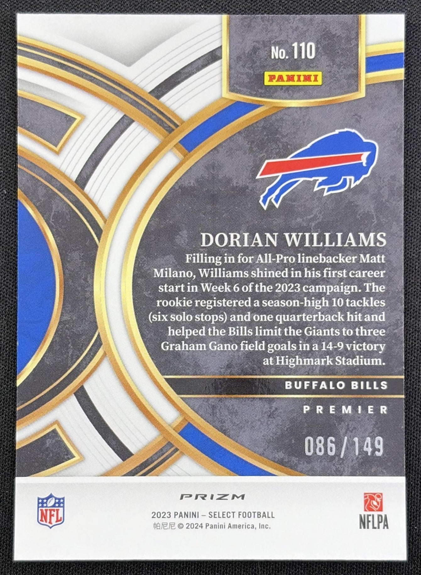 Dorian Williams 2023 Panini Select Blue Prizms /149 Bills