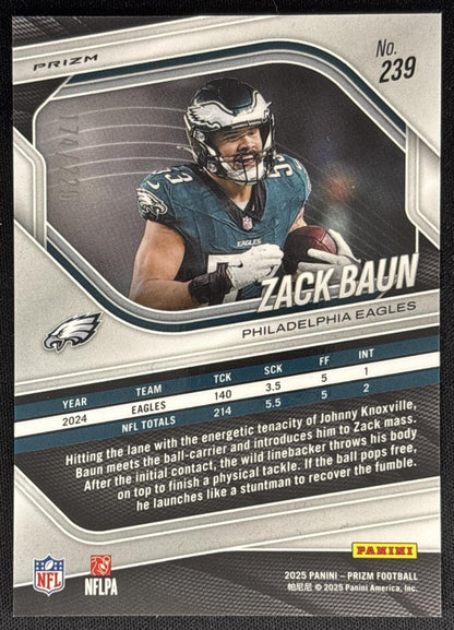 Zack Baun 2025 Panini Prizm Purple Ice /225 Eagles Sports Trading Card