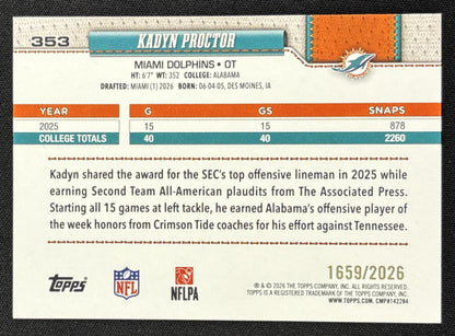 Kadyn Proctor 2026 Topps Gold /2026 Dolphins