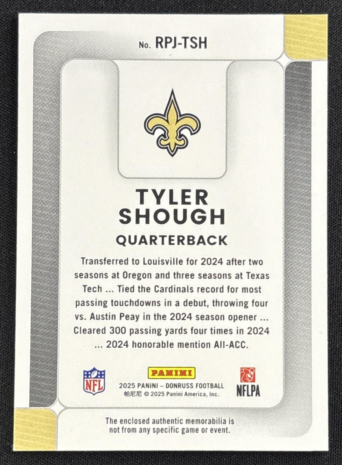 Tyler Shough 2025 Panini Donruss Rookie Phenom Jerseys Saints 2 Sports Trading Card