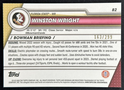 Winston Wright 2023 Bowman University Chrome Aqua Refractor /299 Seminoles back