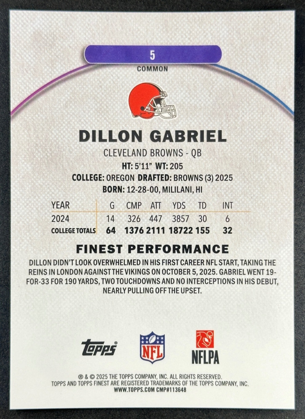 Dillon Gabriel 2025 Topps Finest Green Geometric Refractor /75 Browns back