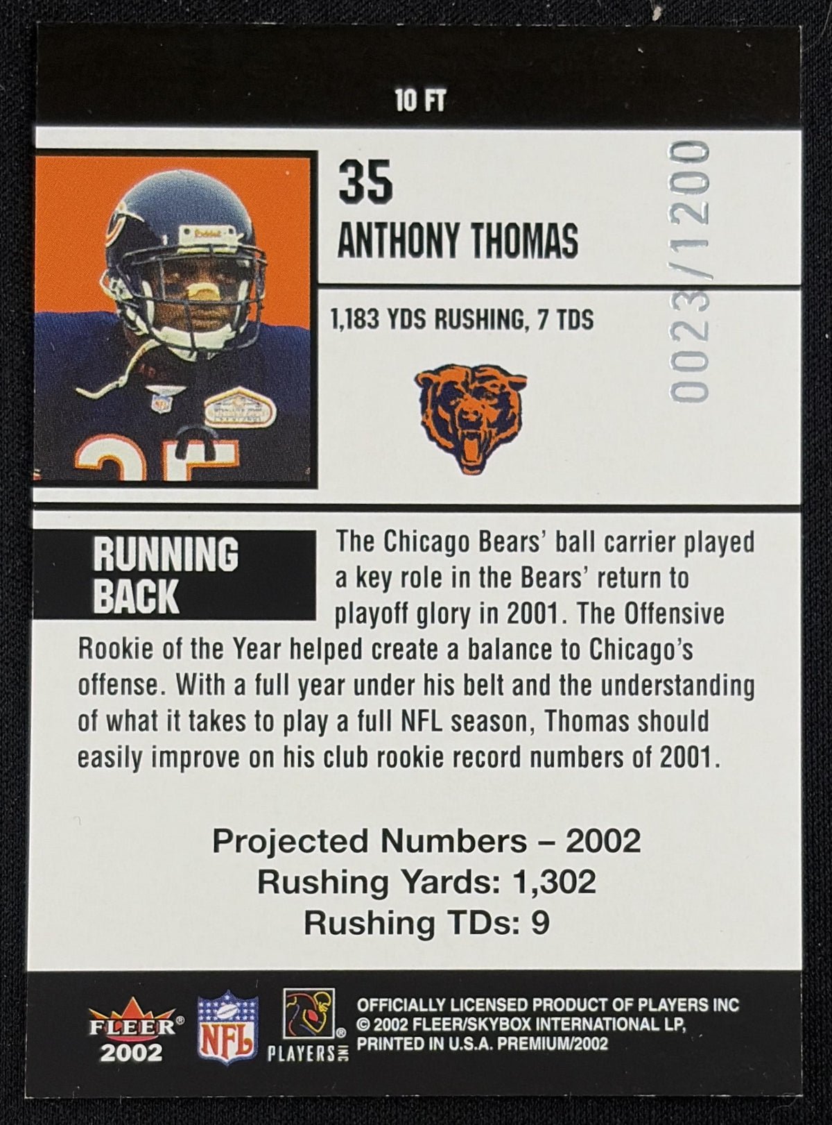 Anthony Thomas 2002 Fleer Premium Fantasy Team /1200 Bears - Back