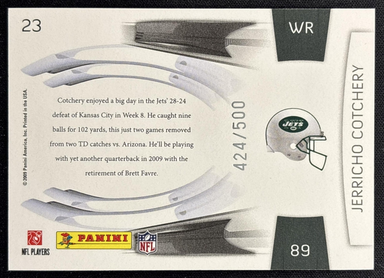 Jerricho Cotchery 2009 Panini Playoff Prestige Prestigious Pros Green /500 Jets back