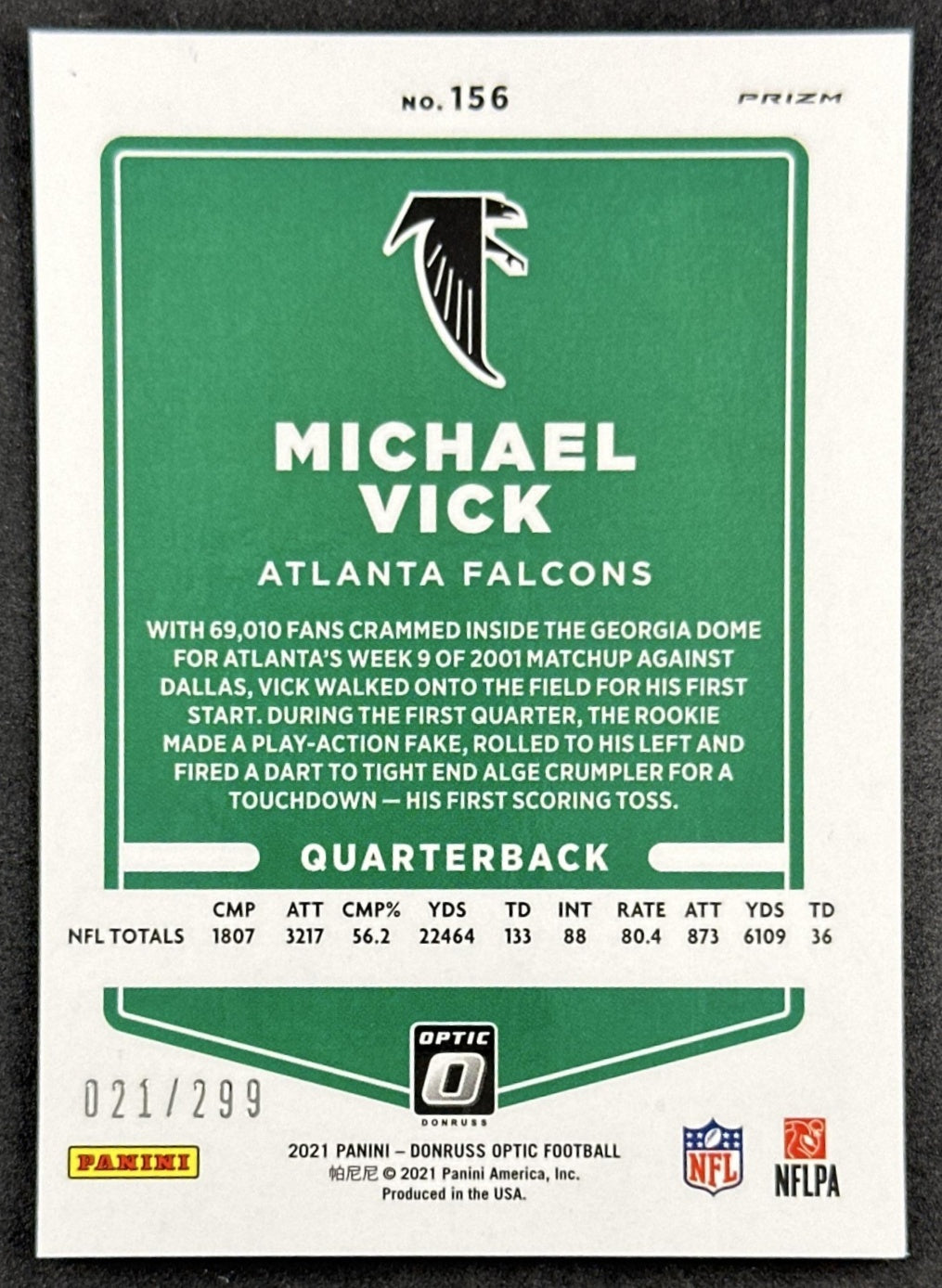 Michael Vick 2021 Panini Donruss Optic Aqua /299 Falcons back