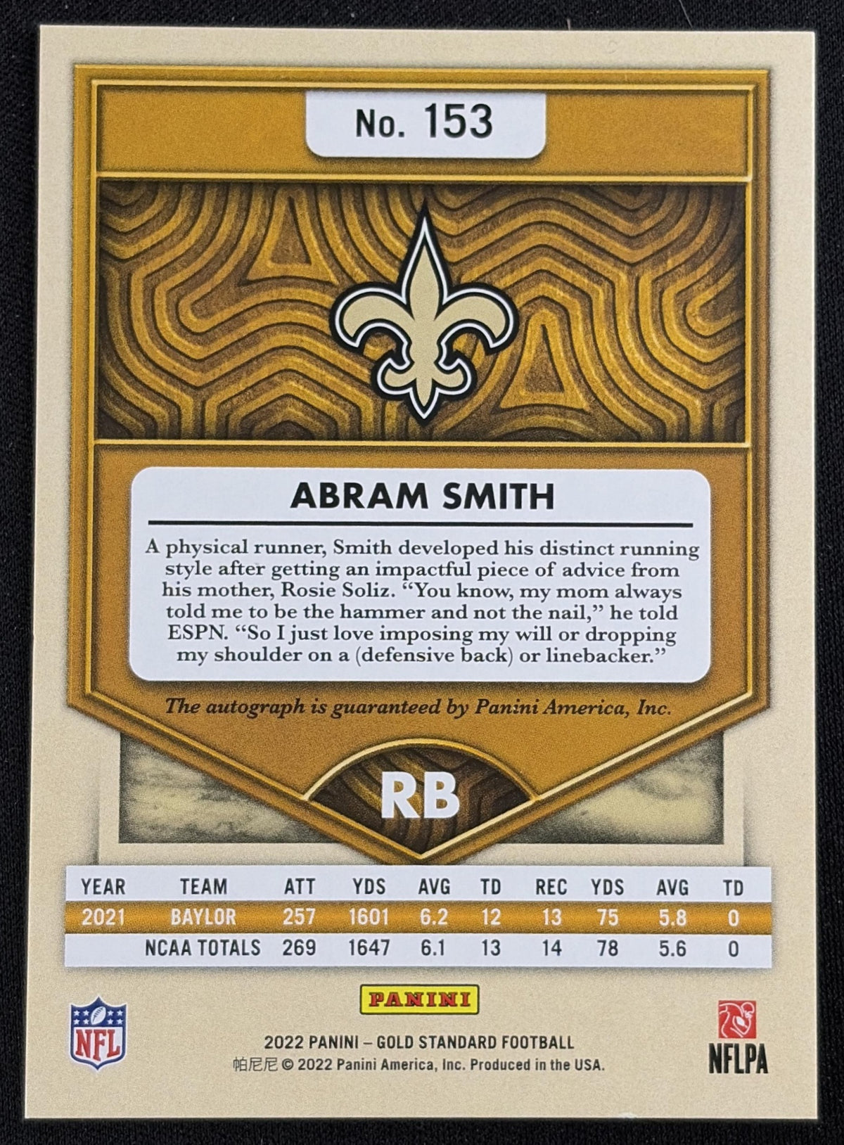 Abram Smith 2022 Panini Gold Standard Rookies Auto /199 Saints - back