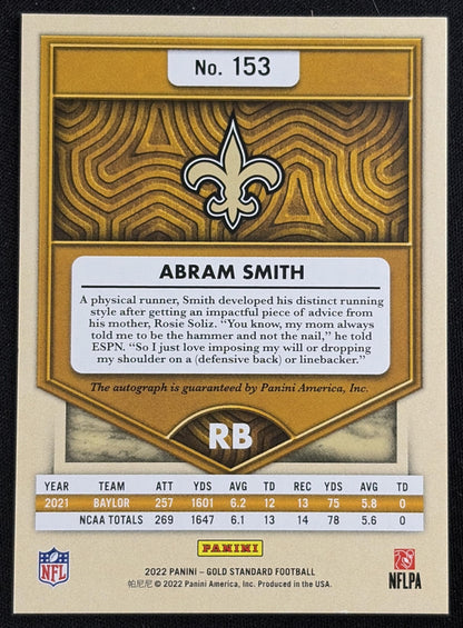 Abram Smith 2022 Panini Gold Standard Rookies Auto /199 Saints - back
