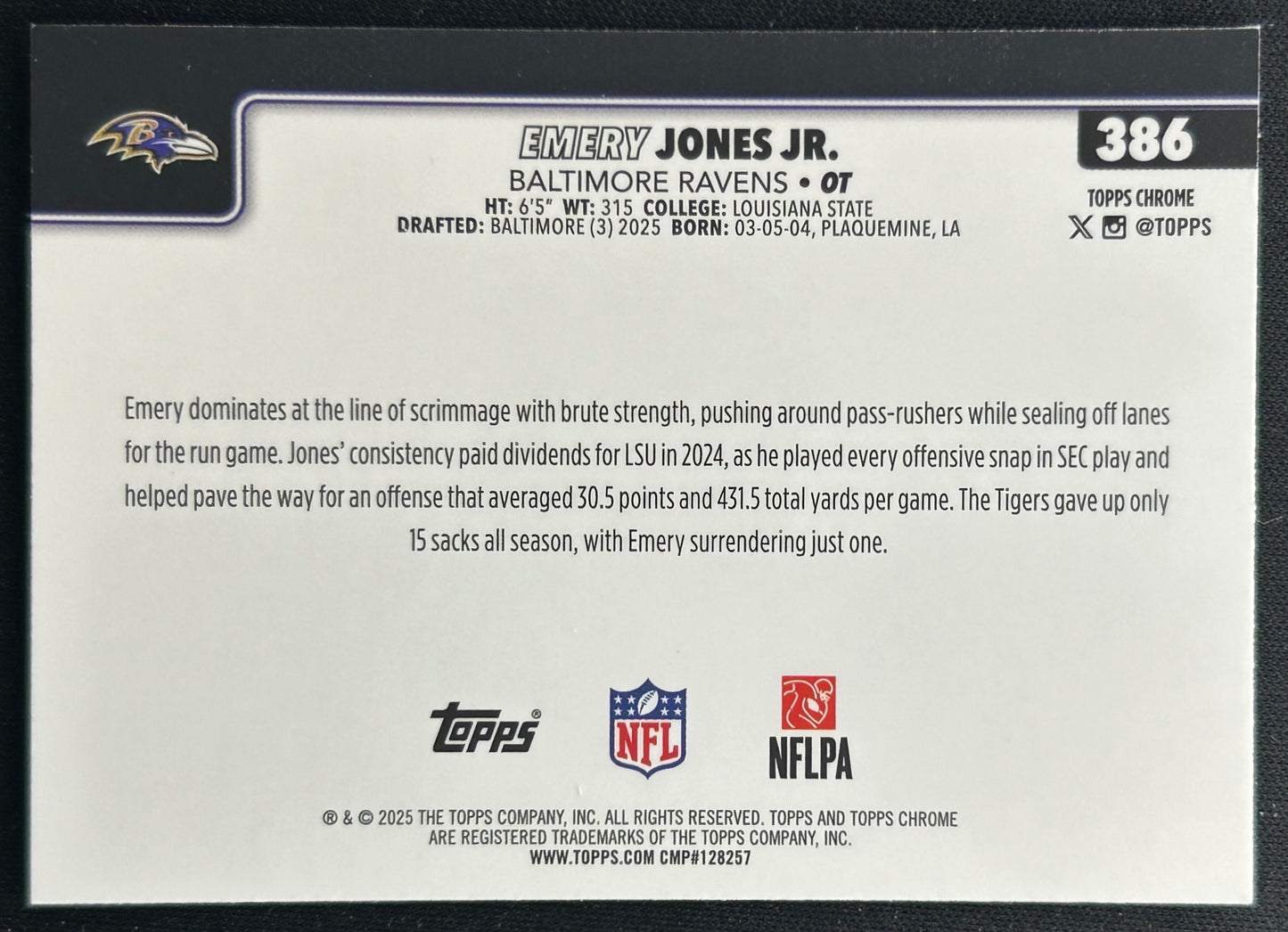 Emery Jones Jr. 2025 Topps Chrome Rookie Blue Geometric Refractor /150 Ravens Sports Trading Cards