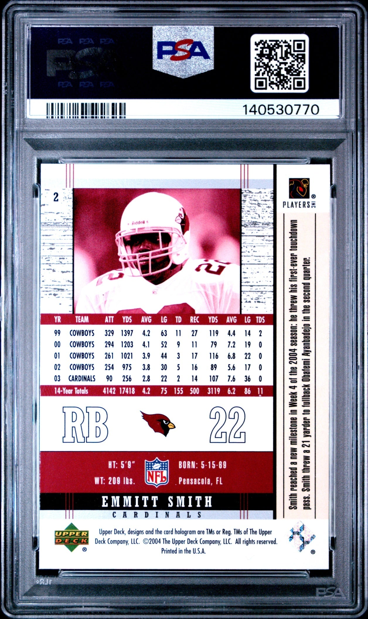 Emmitt Smith 2004 Upper Deck Legends PSA 10 Cardinals back