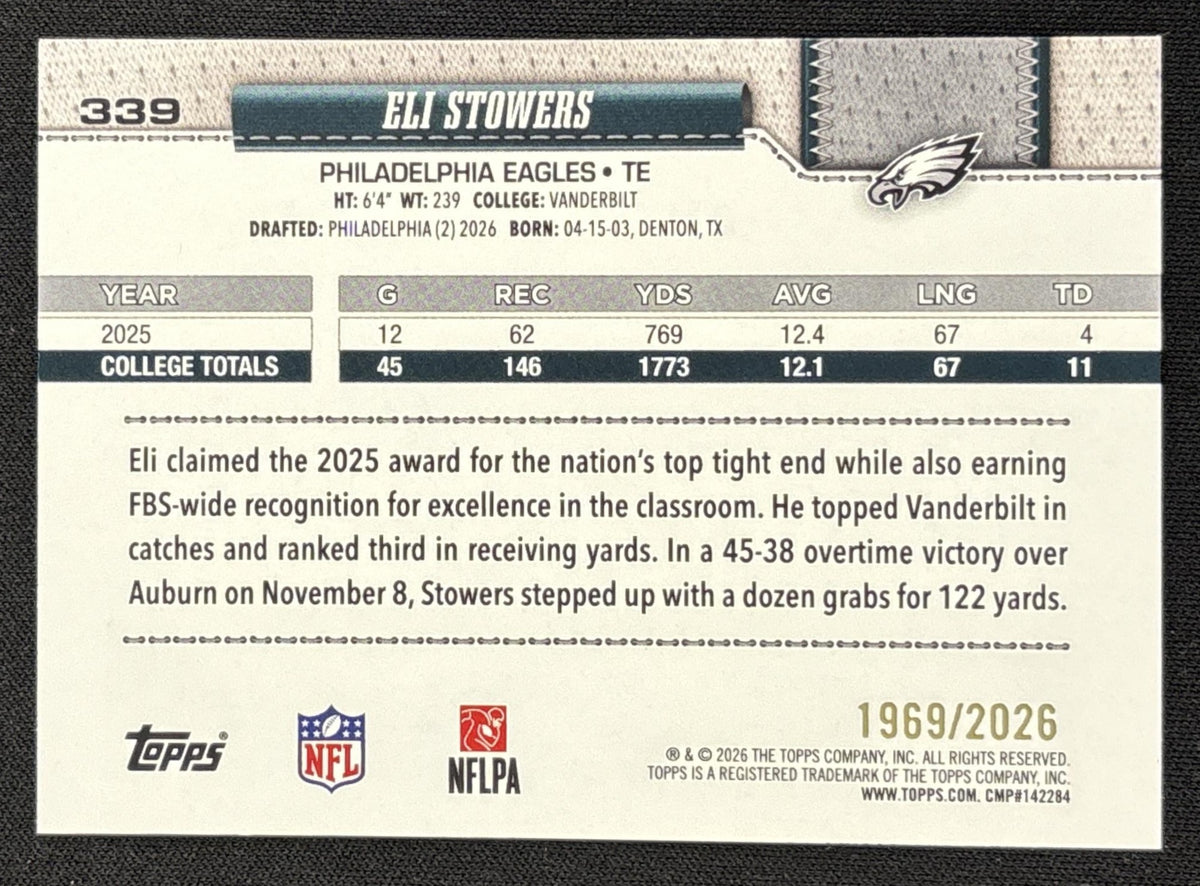 Eli Stowers 2026 Topps Gold /2026 Eagles