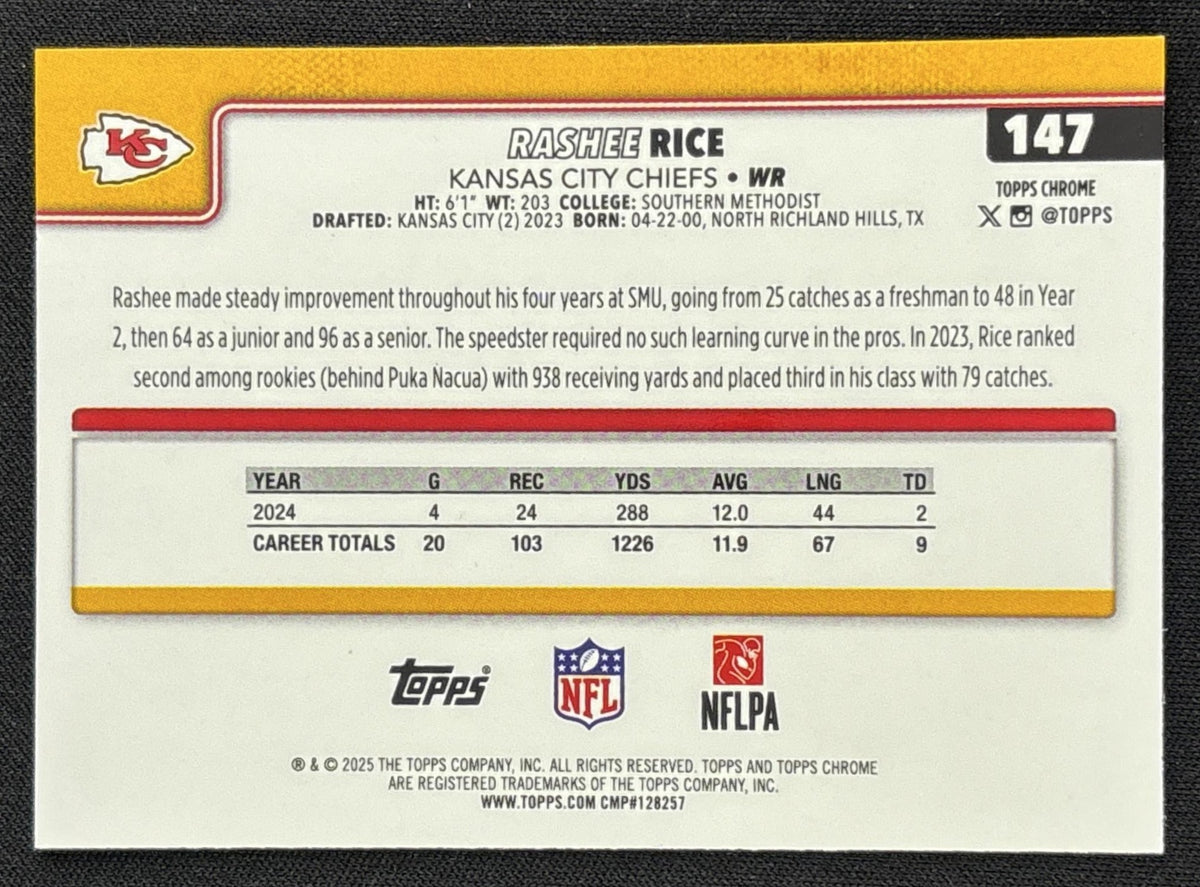 Rashee Rice 2025 Topps Chrome Pink Wave Refractor /250 Chiefs