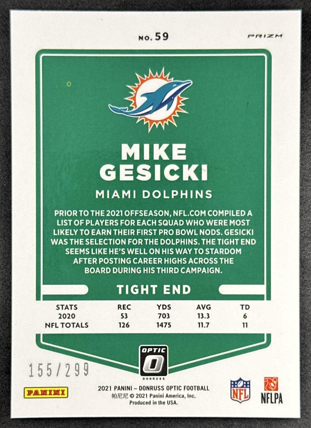 Mike Gesicki 2021 Panini Donruss Optic Wave /299 Dolphins Sports Trading Card