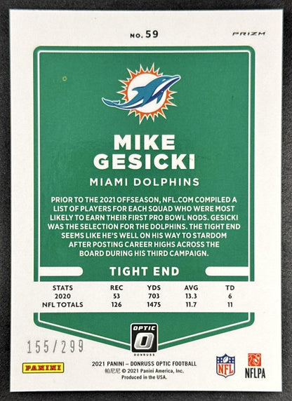 Mike Gesicki 2021 Panini Donruss Optic Wave /299 Dolphins Sports Trading Card