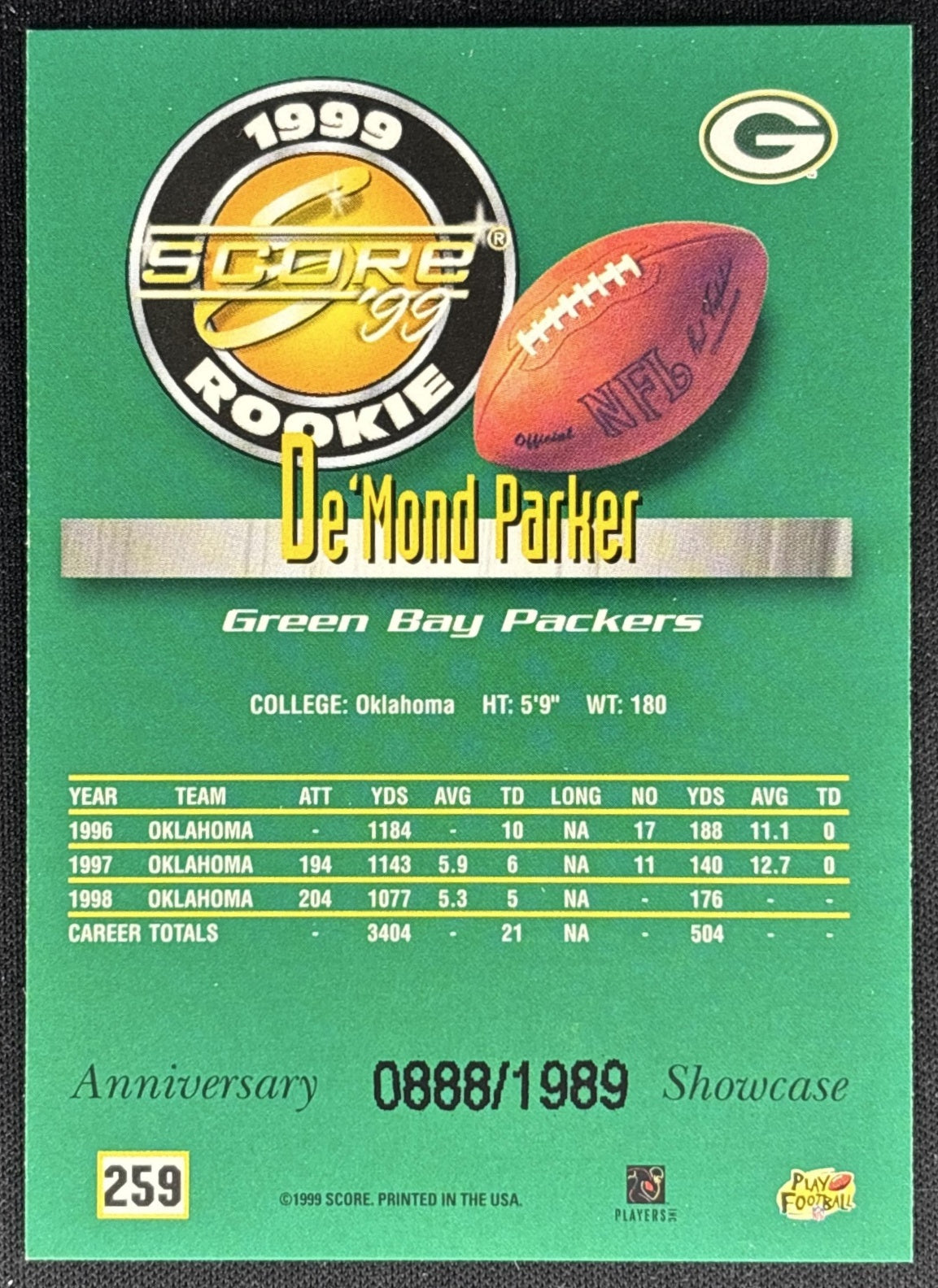 De Mond Parker 1999 Score Anniversary Showcase /1989 Packers back