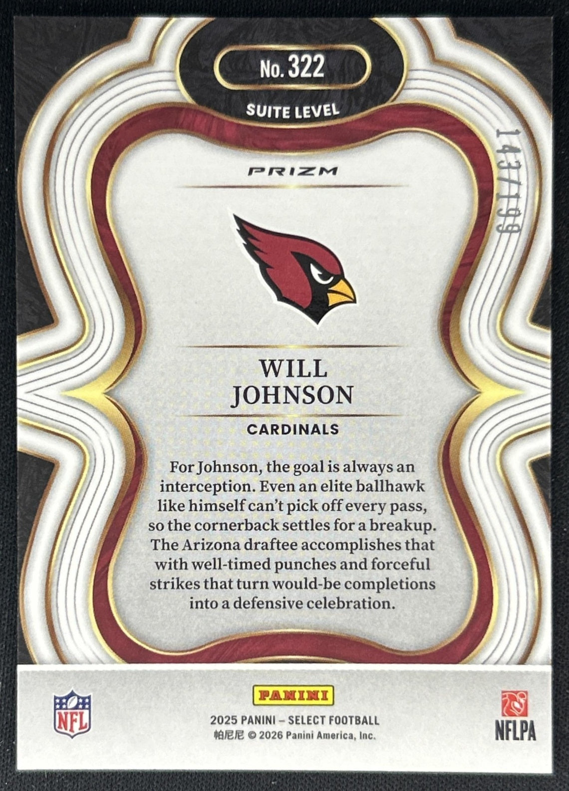 Will Johnson 2025 Panini Select Suite Level Tri-Color Prizm /199 Cardinals back