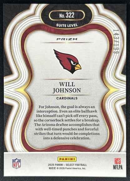 Will Johnson 2025 Panini Select Suite Level Tri-Color Prizm /199 Cardinals back