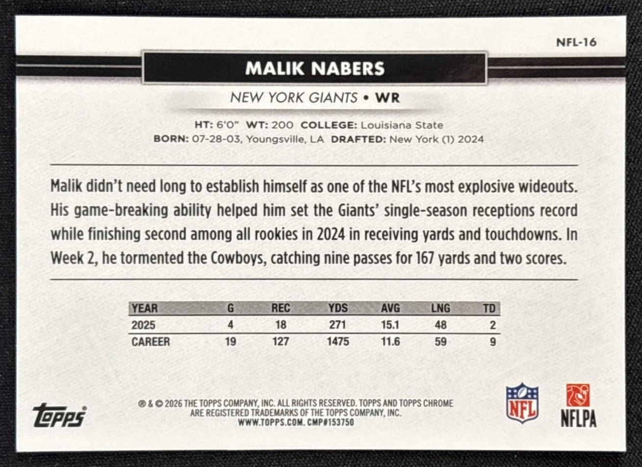 Malik Nabers 2026 Topps NSCC Collection NFL Giants Sports Trading Cards