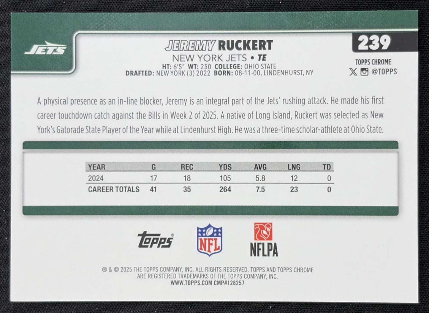 Jeremy Ruckert 2025 Topps Chrome Orange Refractor /25 Jets New York Jets