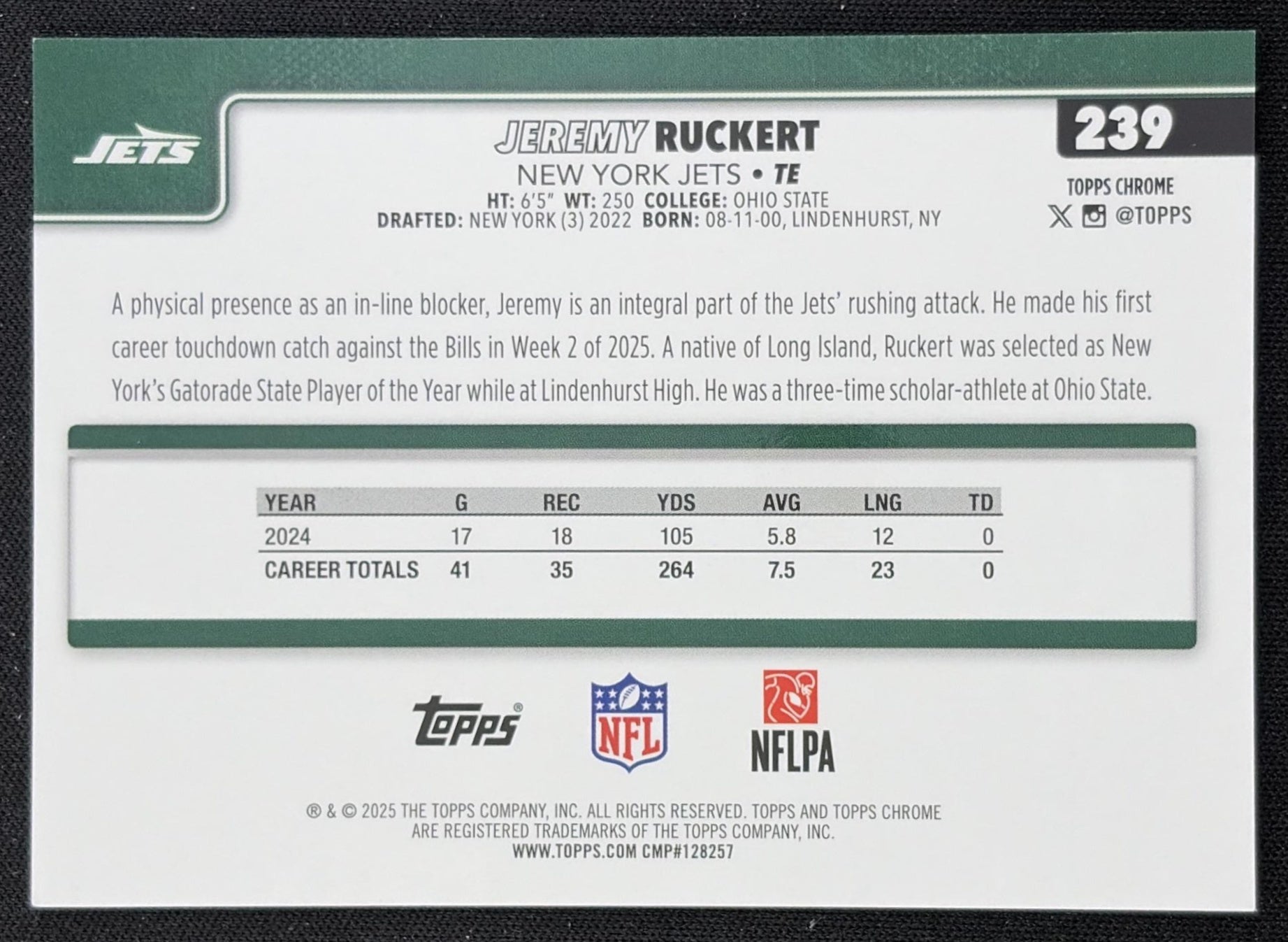 Jeremy Ruckert 2025 Topps Chrome Orange Refractor /25 Jets New York Jets