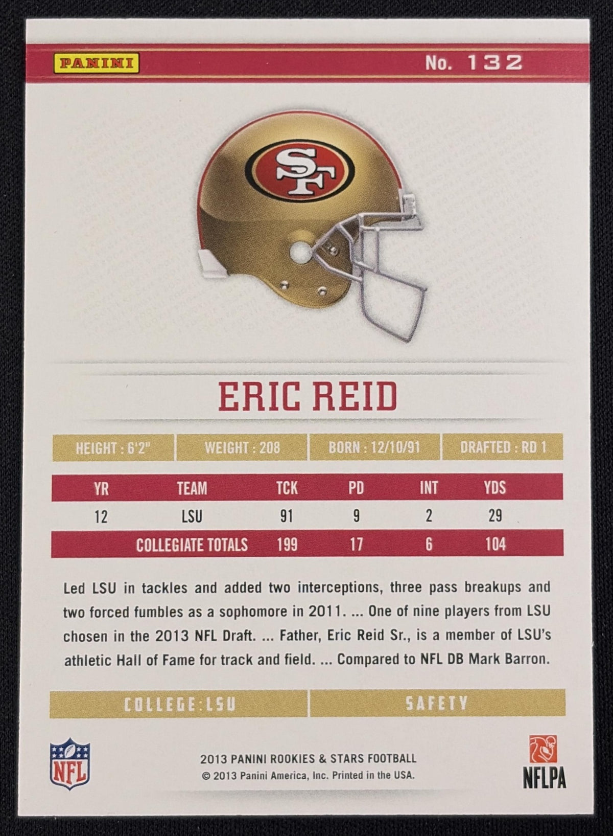 Eric Reid 2013 Panini Rookies & Stars Team Logo Holofoil /32 49ers - Back