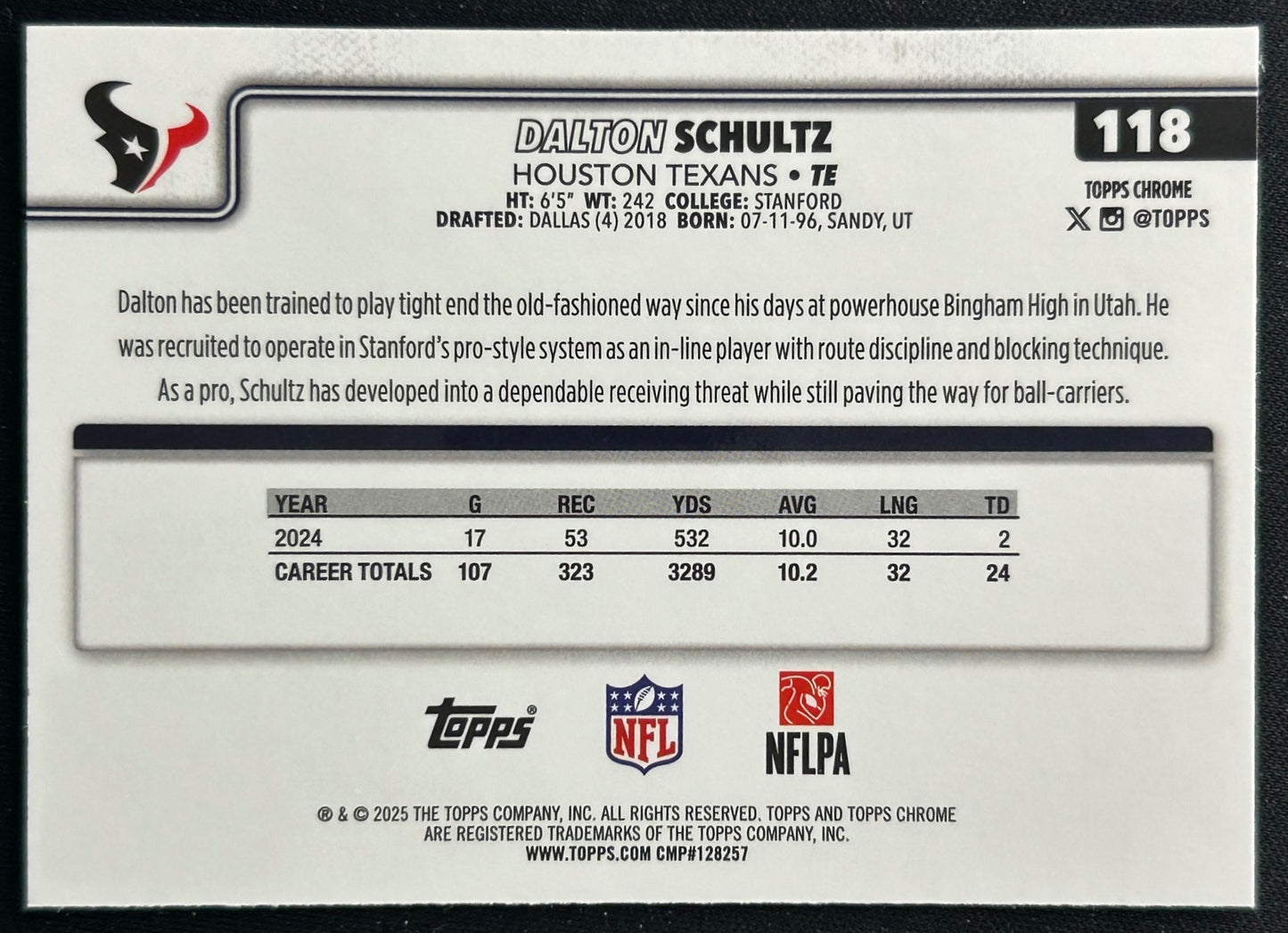 Dalton Schultz 2025 Topps Chrome Texans Sports Trading Cards