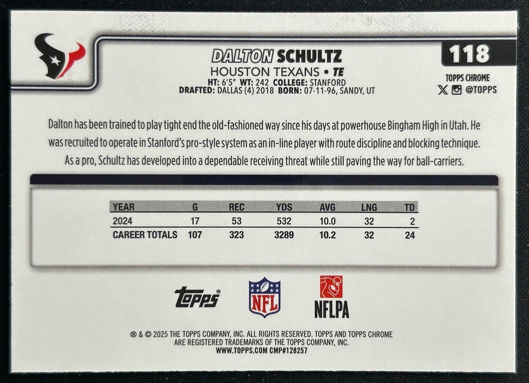 Dalton Schultz 2025 Topps Chrome Texans Sports Trading Cards