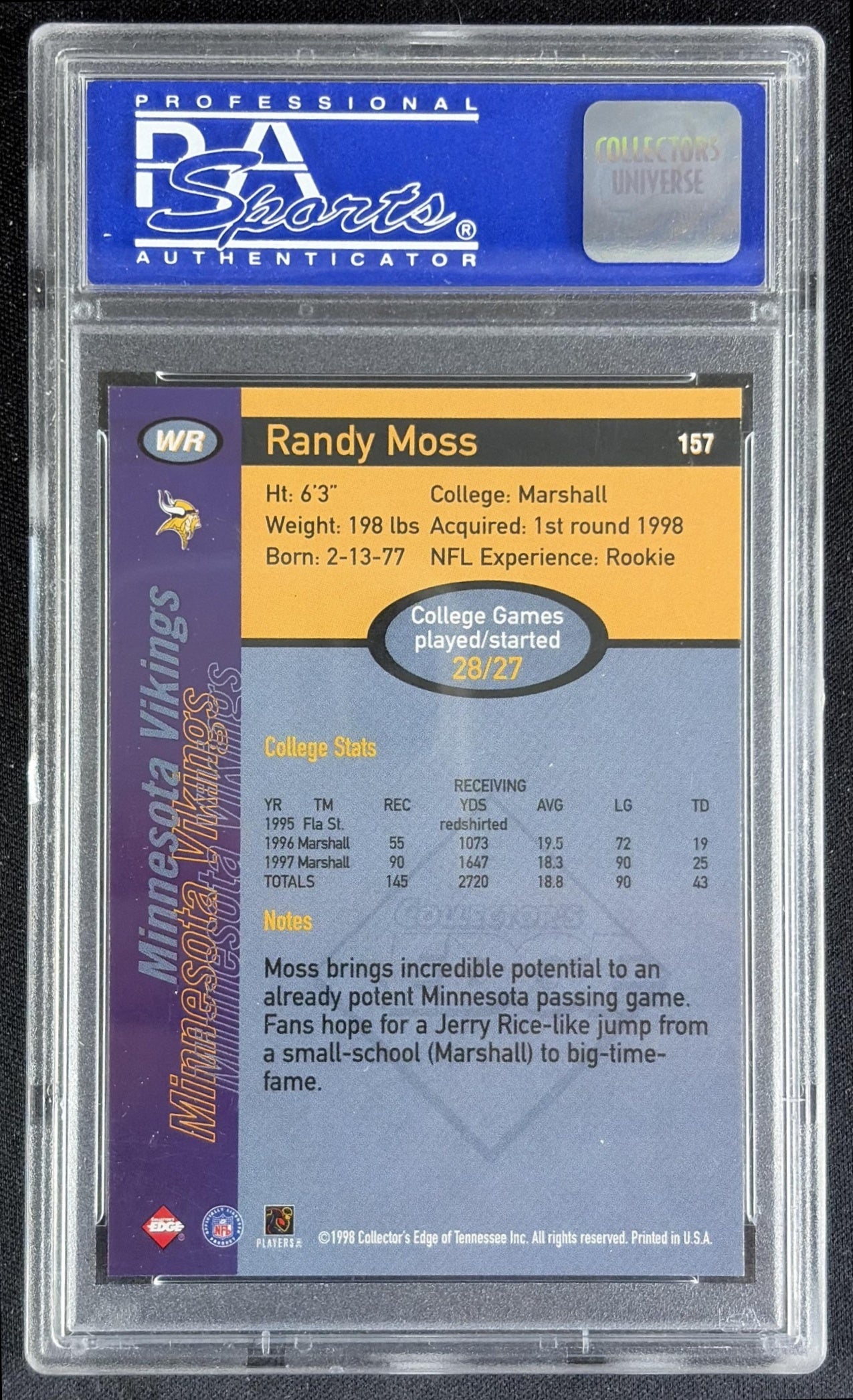 Randy Moss 1998 Collector's Edge First Place Record Setters PSA 9 Vikings 10110143 - back